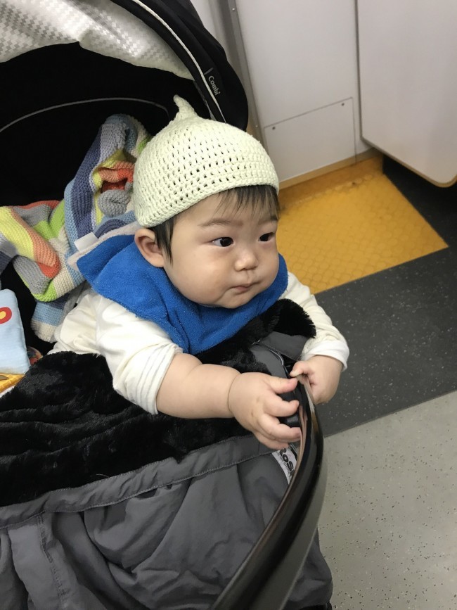 真冬に向けてベビーカーにとりつけたのは、抱っこひもにも装着可能なフットマフ！