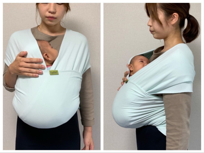 まるくおさまるボバラップ。締め付け感がなく、伸縮性のある一枚布で包まれる心地よさがあります