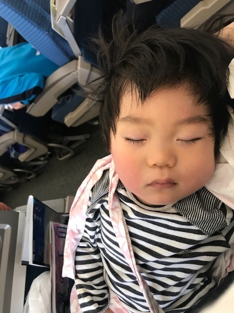 小さい子は耳抜きができないので、離陸時には飲み物を飲んでいると耳がおかしくならないそう。母乳中なので、授乳ケープが大変重宝しました
