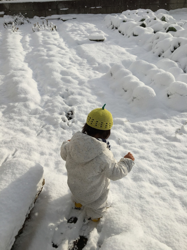 そんな畑も冬場は雪に埋まる日がたびたび。ちなみに赤ちゃんの時からかぶっているフルーツクロシェット帽がお気に入り