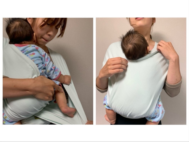 もう片方の布の中にも赤ちゃんを包みこみます